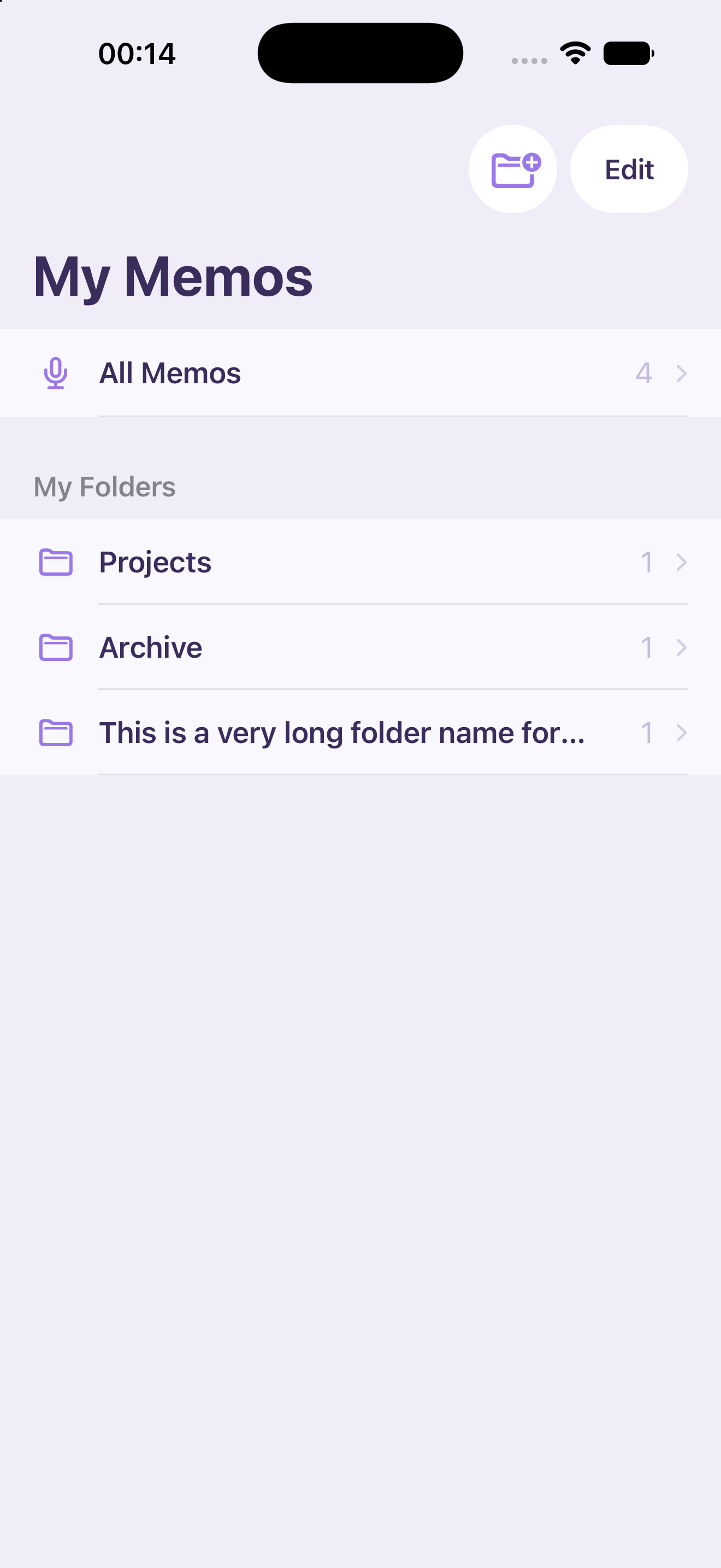 My Memos with folders: Projects, Archive, and long-name truncation