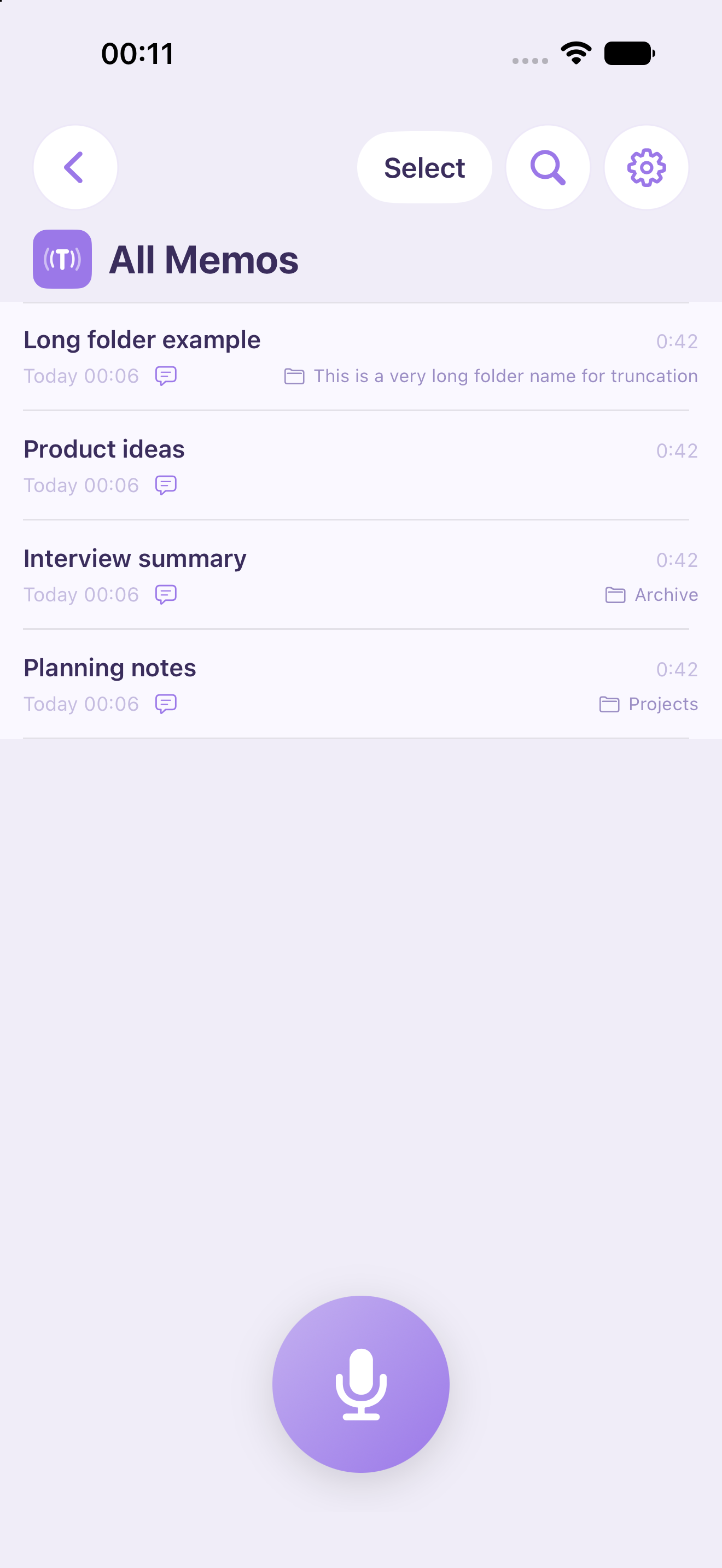 All Memos list with folder tags on each memo
