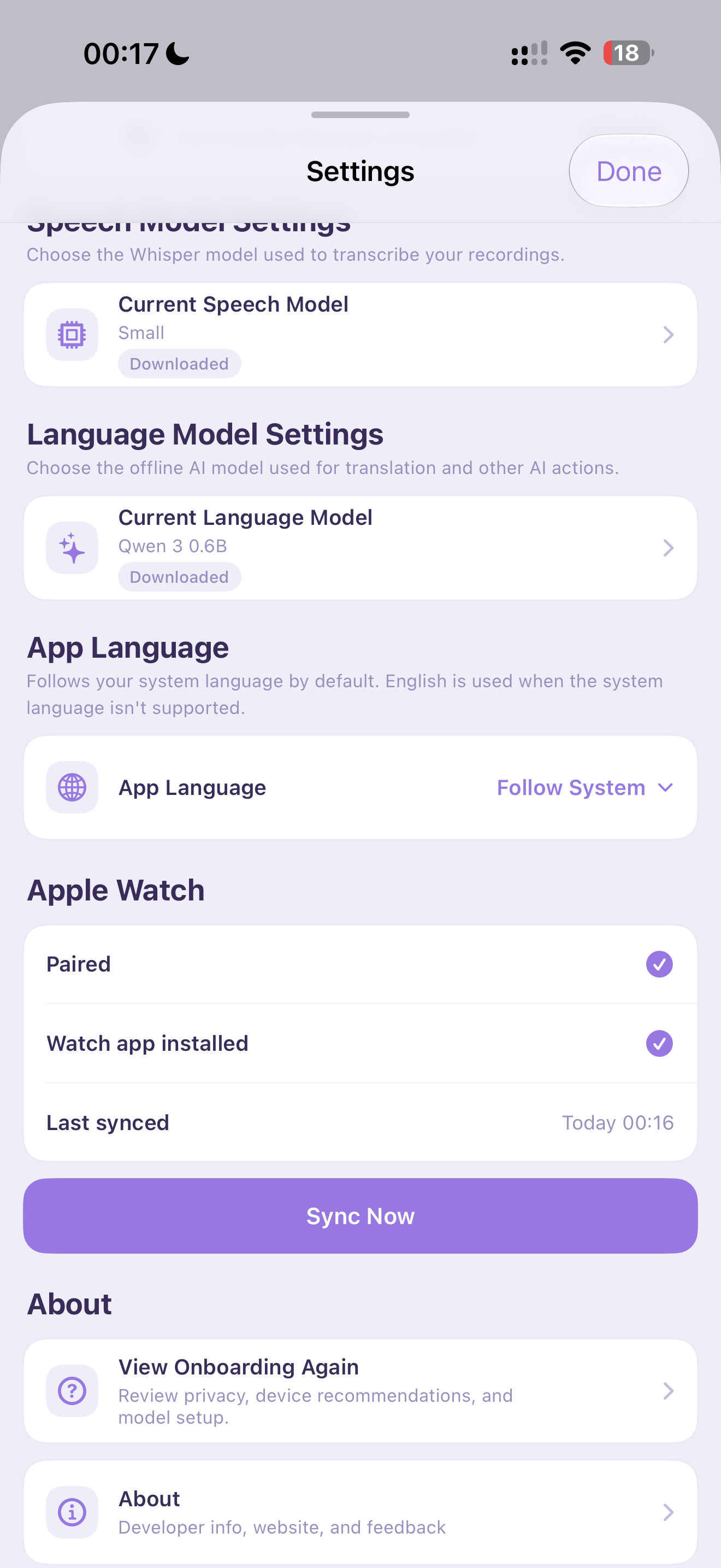 Settings — Apple Watch pairing, sync status, and Sync Now