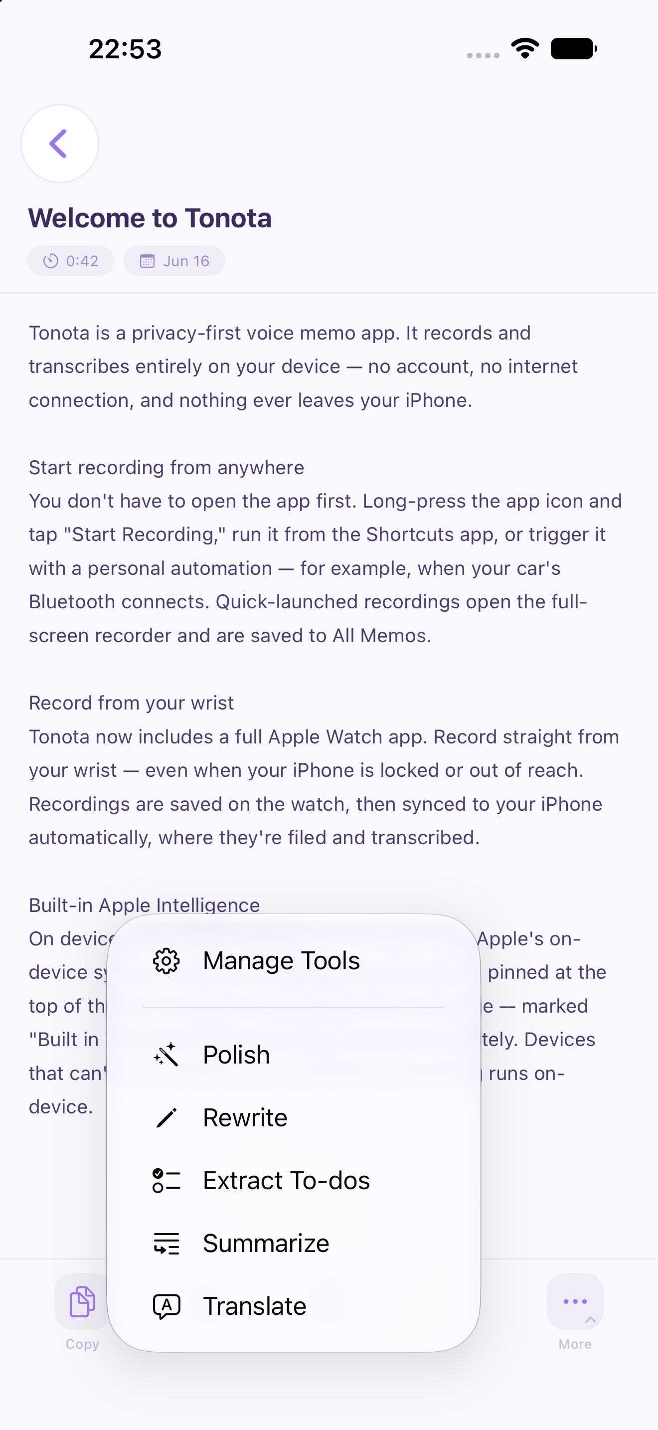 Memo detail — privacy-first on-device transcription and Apple Watch companion